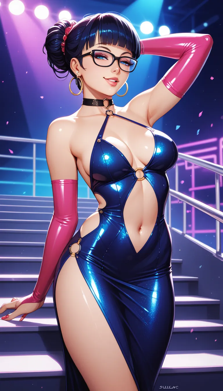 a woman dancing with other women on stairs in a disco dance hall, multiple girls, glasses,1girl, solo, Bodycon, microdress, COLOR dress, clothing cutout, elbow gloves, bridal gauntlets, o-rings, navel, backless dress, naughty face, nail polish, shiny cloth...