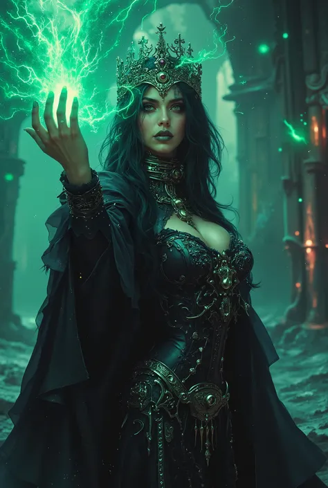 beautiful girl, black long hair, black queen, accessories, ultimate magic activation, the end of the world, the witch queen of the future, golden eyes, green lipstick, vivid colors, cinematic lighting, dramatic pose, intricate details, hyper detailed, 8k, ...