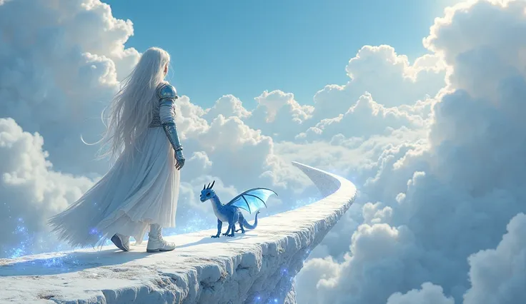 On a cloud planet. Cathrina the beautiful white-haired woman in white fantasy combat armor and the flynx the super small blue dragon. walking towards a floating bridge seemingly made of light fibers that emit a subtle sparkle under their feet. The sensatio...