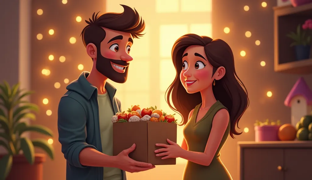 A kind-hearted man handing a bag of food to a needy family. A woman smiles as she donates coins into a charity box. The expressions of gratitude and compassion are evident, set in a warm and welcoming environment with twinkling fairy lights.The image shoul...