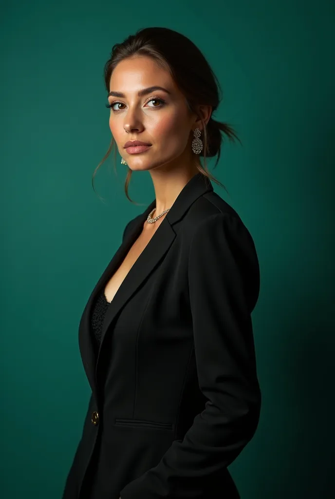 Generate a very realistic portrait image which is in a photoshoot setting. The subject is wearing a formal attire. There is a spotlight on the subject. Lastly, the background must be in bkue-green color. Lastly, there should be a touch of gold like in the ...