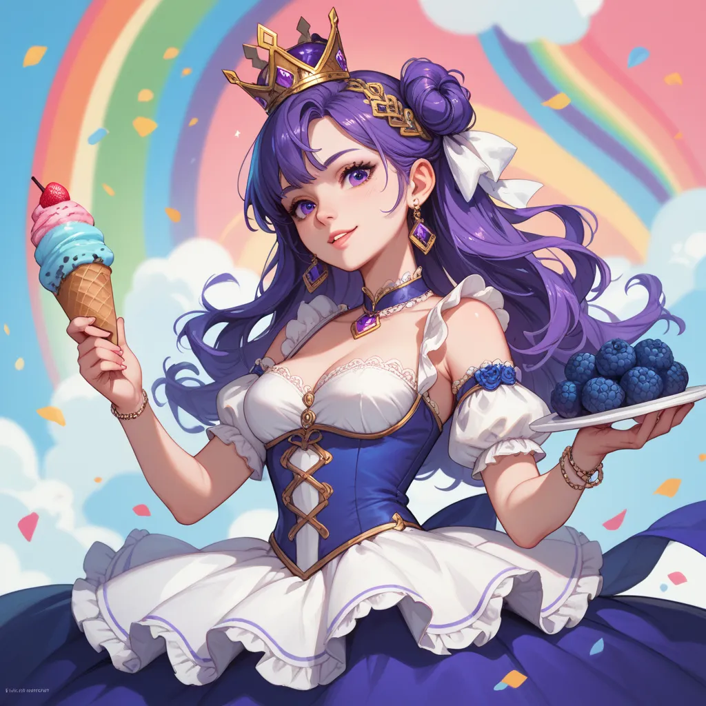 Create a purple dragon cartoon figure, put a dress wearing a crown in a blueberry ice cream cup. Rainbow background
