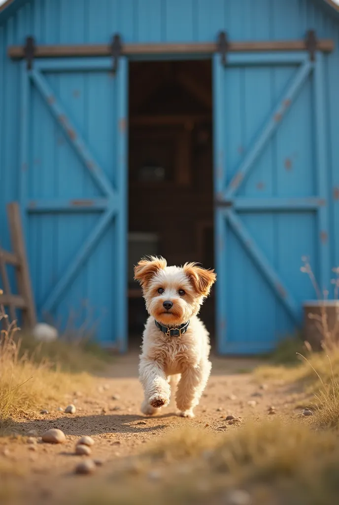 Replace with a terrier poople, the barn is blue powder coated iron barn