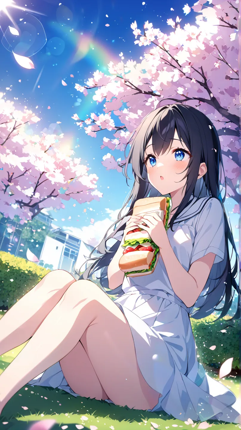 garden、blue sky、cherry blossoms、cherry blossoms吹雪、solo, 1 girl, blue eyes,  black hair、in bed looking up at the sky、How hair flutters in the wind、lawn、sit、Eat sandwiches、dutch angle, lens flare, glitter effect, blurred background,  overexposure、