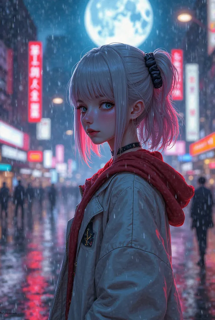 lucy walking in city \(Cyberpunk\), looking a espectator, 1girl, hair scrunchie, hime-cut, Silver hair, colored tips, full moon, With gray eyes, ((olhos detalhados)), Jacket, Long sleeves, view the viewer, Medium hair, Colorful hair, Bangs separated, lips ...