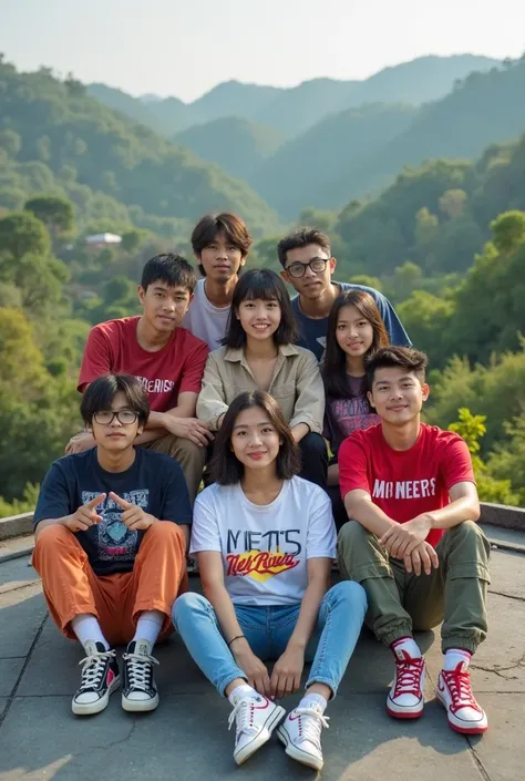 10 asians line up for a picture together, handsome and beautiful young women and men sitting in a cluster on the roof of the house, background of nature in the afternoon. Graphic T-shirt that stands out,  cargo pants , jordan shoes