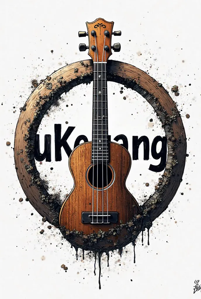 Image of the word ukegang inside a ukulele and all of it inside a circle style ink and fat brush 