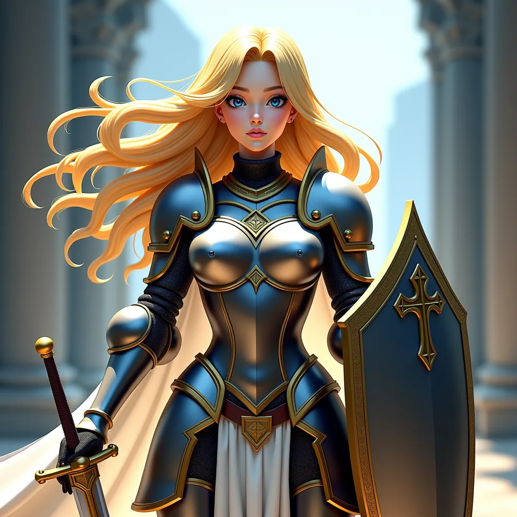 Caballero,anime,Long sword in the right hand, armor, blonde, big breasts, blue eyes ,  shield in the left hand 