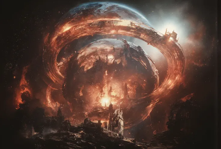 Supermassive ringworld floating in space, represents the last hope and final frontier of a dying human race. The ring has sleek complex yet deteriorating structure, silhouetted by the dim, fading light of a distant supernova. The lighting is soft but mourn...