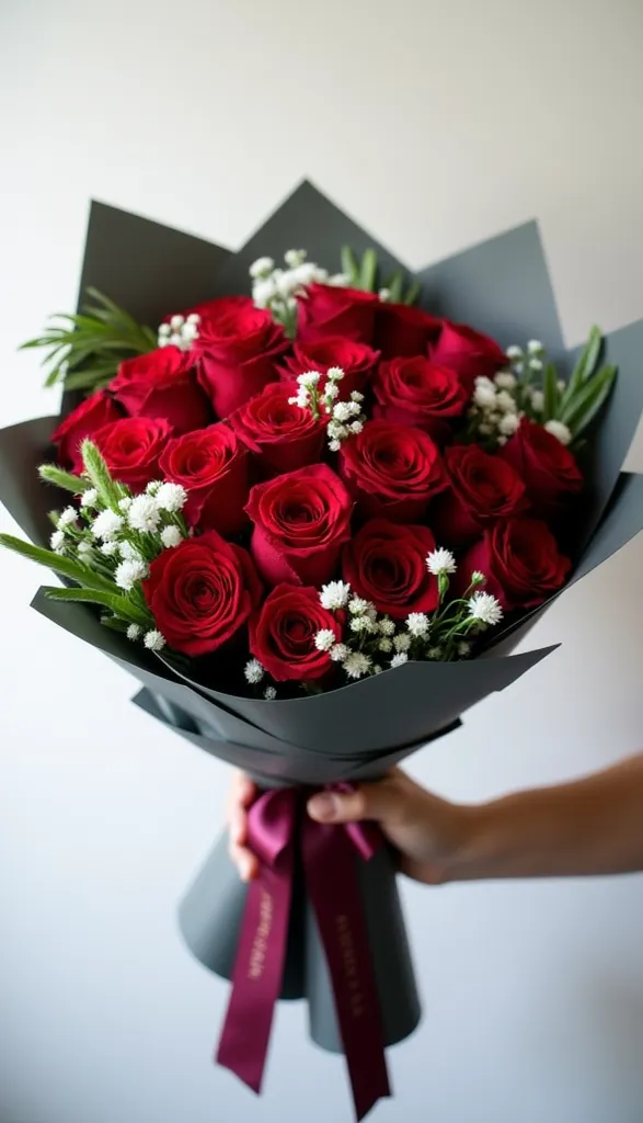 The image is a high-resolution photograph of a beautiful bouquet of flowers with a nostalgic, delicate and romantic style, change the image and position a little The image is a blurry, The image shows a bouquet of red roses wrapped in dark gray paper. The ...