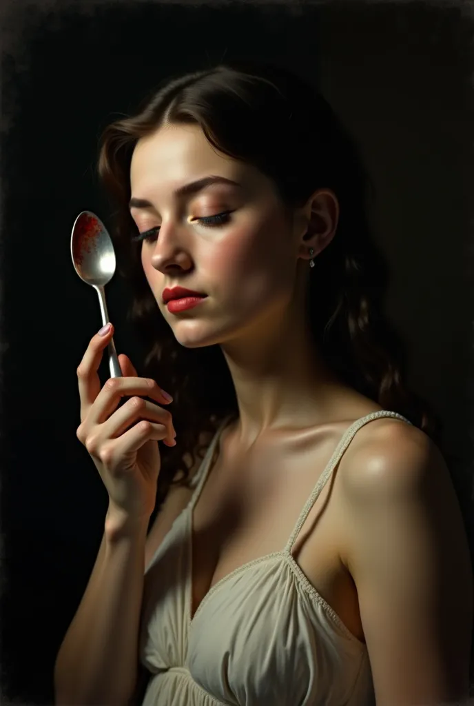 She is contrasting with the softness of her expression. Her face is peaceful, her eyes delicately closed, the back of the spoon turned downwards.  In her hand , her expression. A portion of the spoon disappears under her skin, inspired by ancient tragedies...