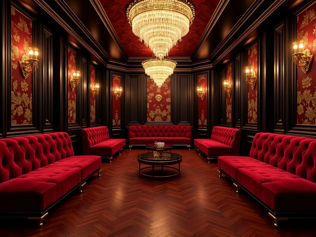 A premium VIP lounge with black and gold interior, deep red velvet sofas, golden chandeliers casting soft light, high contrast, ultra-detailed luxury textures.