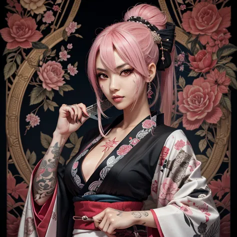 yakuza woman, Legendary assassin Sukuna Jujutsu Kaizen, has pink hair,  Japanese Yakuza tattoos on her face and other parts of her body like black lines,  wears a black and white kimono , The woman has red eyes, well stylized body, Legendary kimono .  Deco...