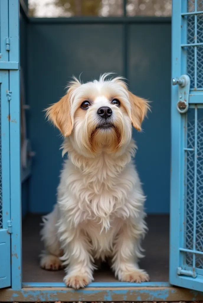 A light yellow long-haired terrier, Sit sad in the cage. The barn is blue powder coated iron mesh barn ( indoor pet cage type. The dog's face looks up to the sky, outside the cage there is a toilet tray for dogs, with aluminum door on the right, there is a...