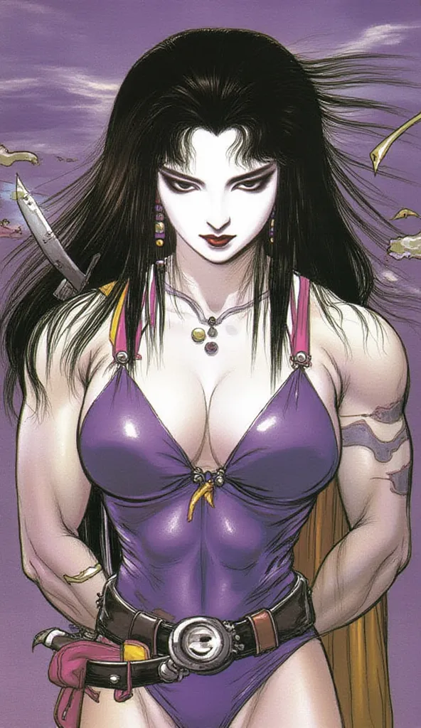 A hyper-anime portrait of female bodybuilder Tina Lockwood reimagined as Marvel's Psylocke in 1980's comic book style, wearing the classic purple X-Men costume with ninja sash and psychic knife effects, showcasing her muscular physique and powerful stance,...