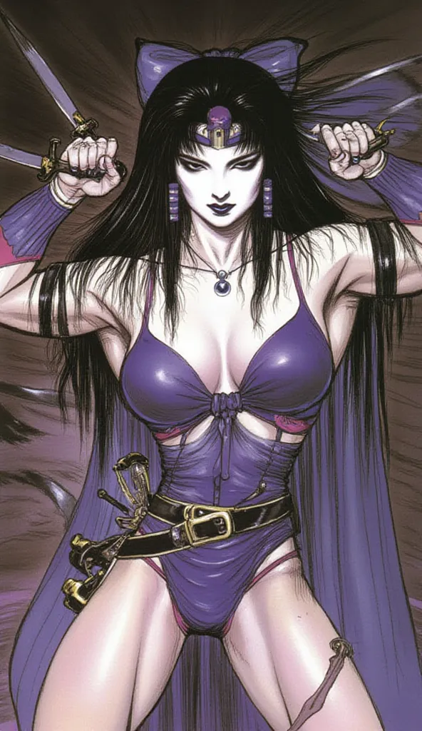 A hyper-anime portrait of female bodybuilder Tina Lockwood reimagined as Marvel's Psylocke in 1980's comic book style, wearing the classic purple X-Men costume with ninja sash and psychic knife effects, showcasing her muscular physique and powerful stance,...