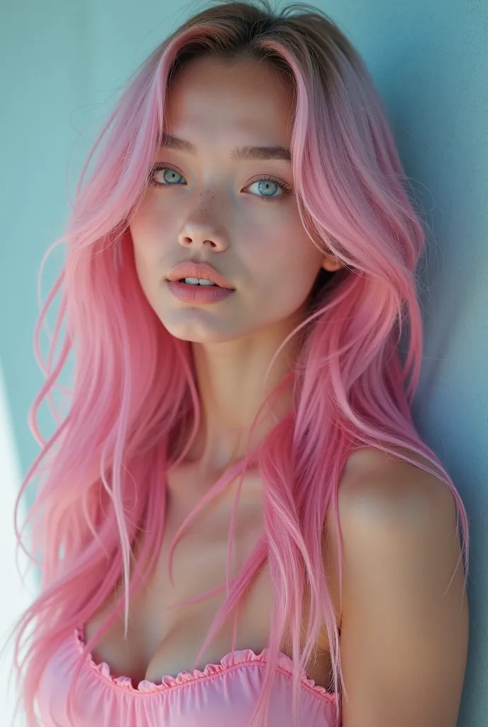 A cute fit 18 year old woman with long pink-to-blue gradient hair, a kodachrome picture film