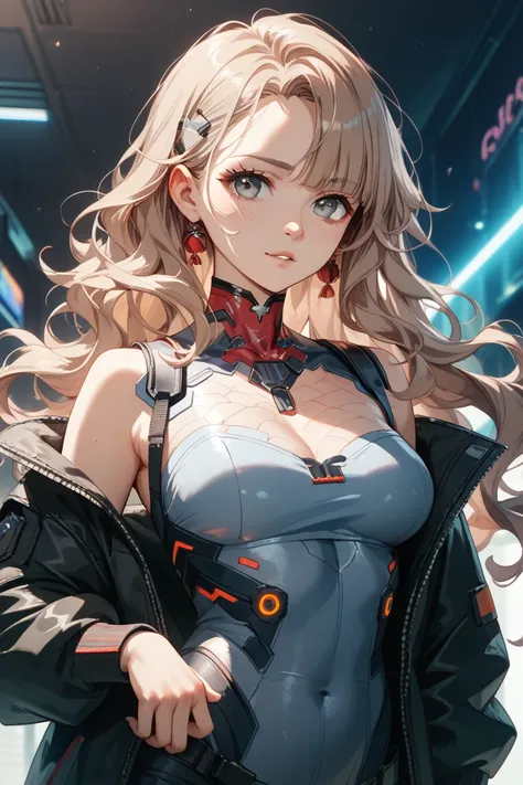 1 girl、 cyberpunk clothes、gray eyes、long hair、 wavy hair、light brown hair