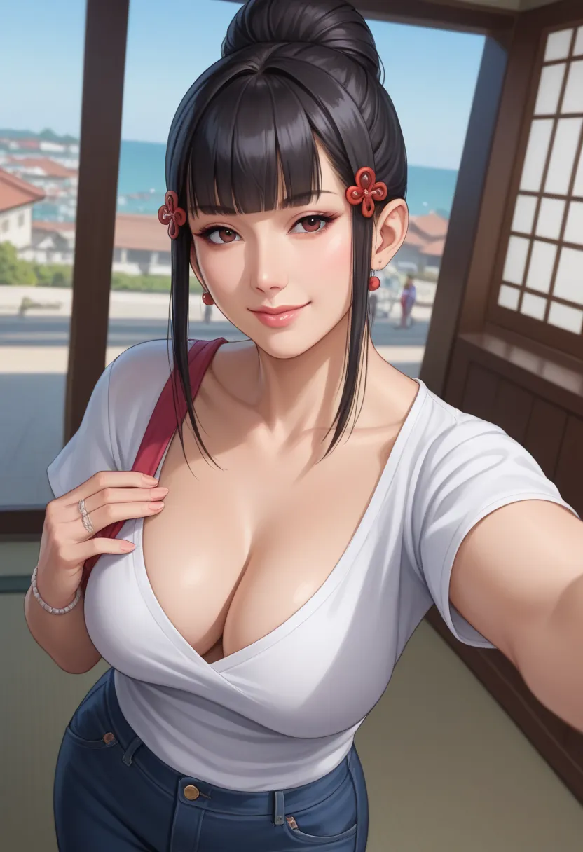 score_9, score_8_up, score_7_up,  source_anime,  BREAK solo, 1 girl,   TKNKZMI, black hair, blunt bangs, eye shadow, sidelocks, hair ornament, hair bun, , mature woman, wedding ring, in public setting, traditional Japan, From above selfie, modest outfit,  ...