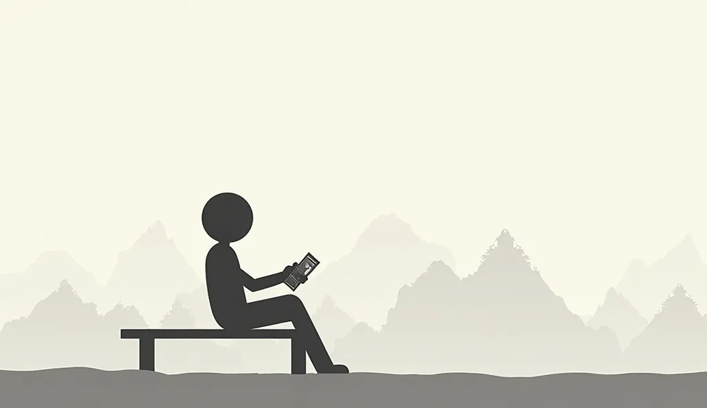 A stick figure silhouette sits on a low, gray-toned bench. It holds a small, faded photograph in its hands. The background is an off-white sky with faint gray mountains or gentle brushstrokes, evoking a quiet, reflective mood. Subtle shading highlights the...