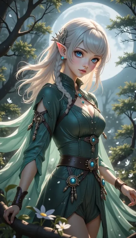 Handsome male elf, Rapid attack gestures, bright blue eyes, starts at you, on the tree, ancient mysterious forest, BREAK Elf tribe's long ears, Dark color, moonlight shining, Secret operations under the darkness of the night, Mysterious warm light highligh...