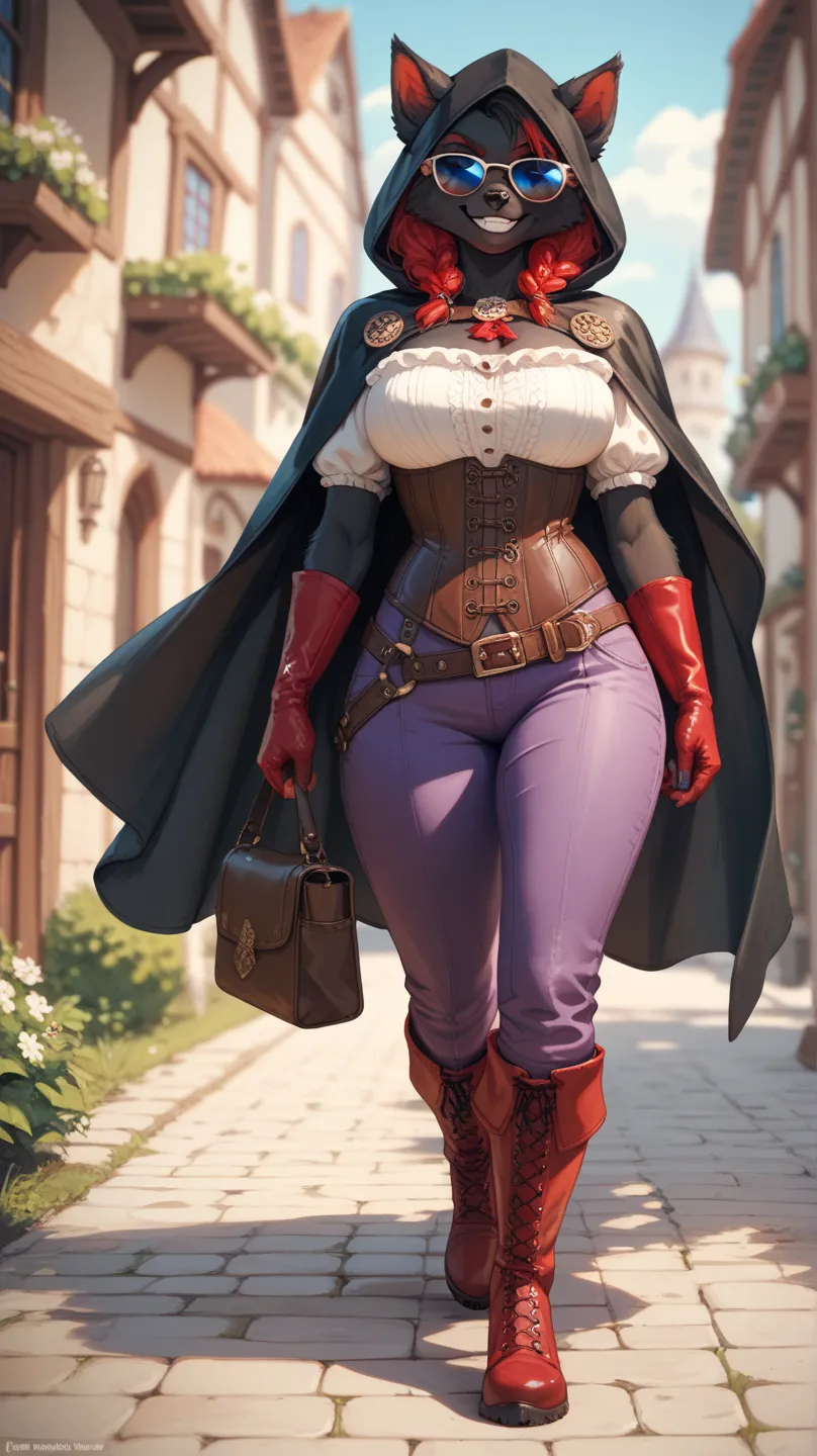 Anthropomorphic wolf, female, black fur, red dye, blue eyes, black cape with hood, holes for ears, sunglasses, slight grin, brown leather corset, purple pants, red boots, medieval fantasy, walking, Large breasts, 
