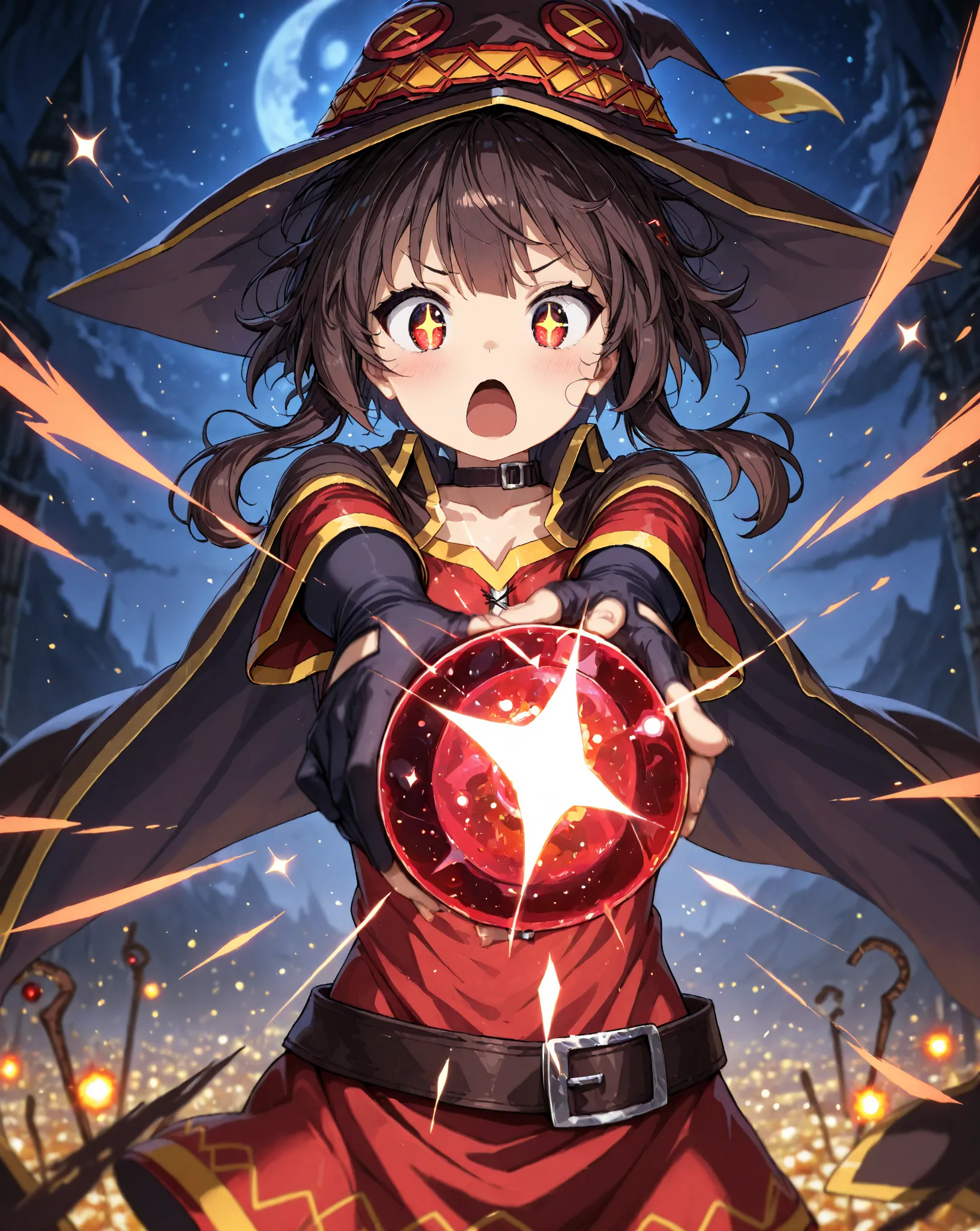 1girl,solo, megumin,dynamic pose, pointy hat,looking at viewer, hair ornament, holding staff, messy hair, holding,upper body, +_+, fantasy, dutch angple, depth of field, foreshortening, elbow gloves,vignette,night, fireballs,masterpiece, best quality,high ...