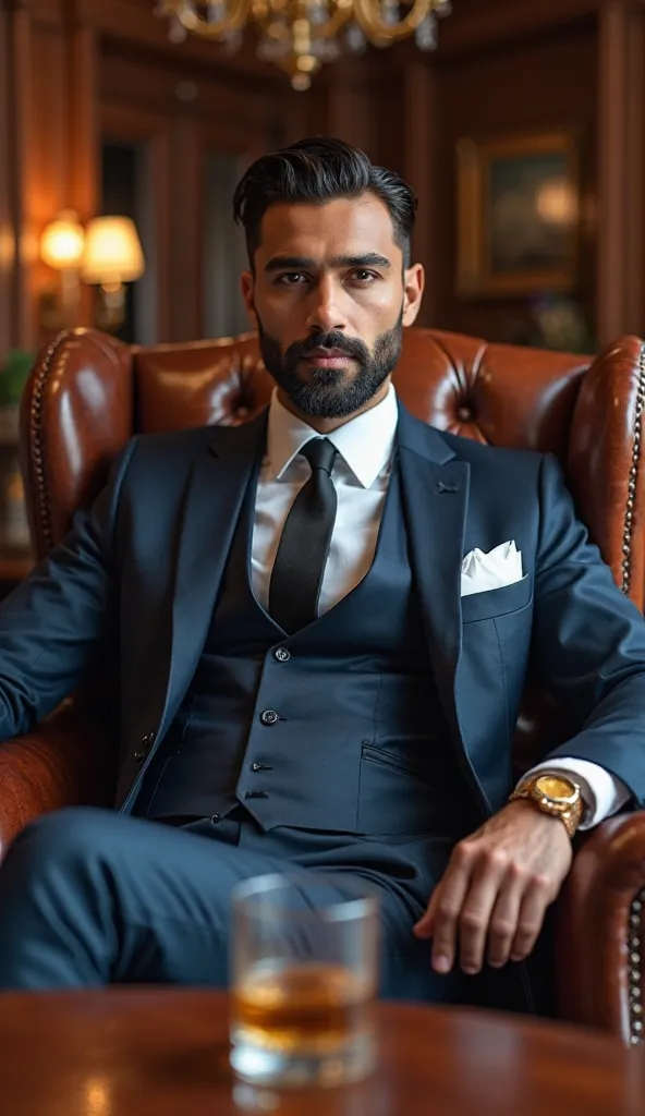 A highly realistic, ultra-detailed portrait of a fit and muscular South Asian male model, around 32 years old, sitting in a luxurious leather armchair in a grand study room with a rich wooden interior and elegant chandeliers. He is wearing a tailored **nav...