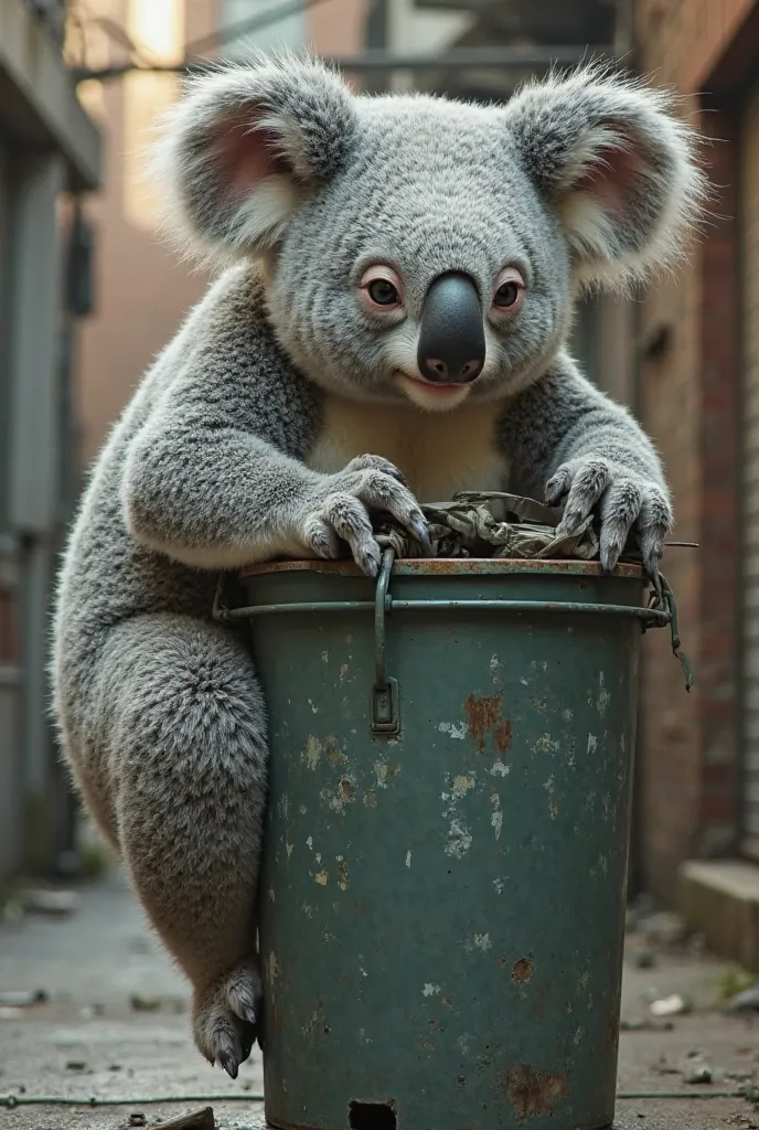 A big koala climbing on a garbage can 