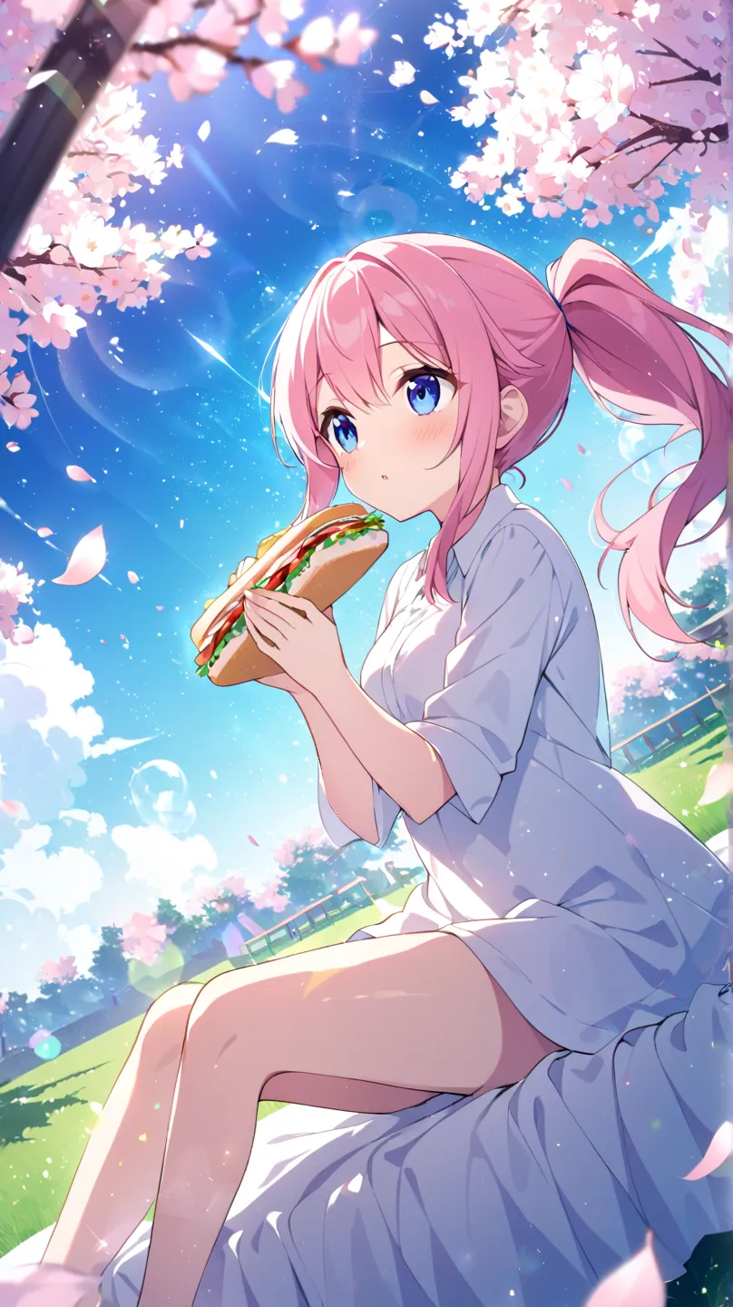 garden、blue sky、cherry blossoms、cherry blossoms吹雪、solo, 1 girl, blue eyes, pink hair、ponytail、in bed looking up at the sky、How hair flutters in the wind、lawn、sit、Eat sandwiches、dutch angle, lens flare, glitter effect, blurred background,  overexposure、