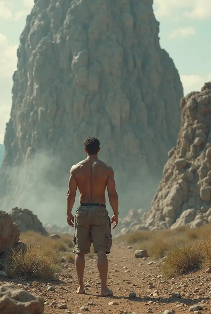 A shirtless man seeing a giant rock falling behind him 