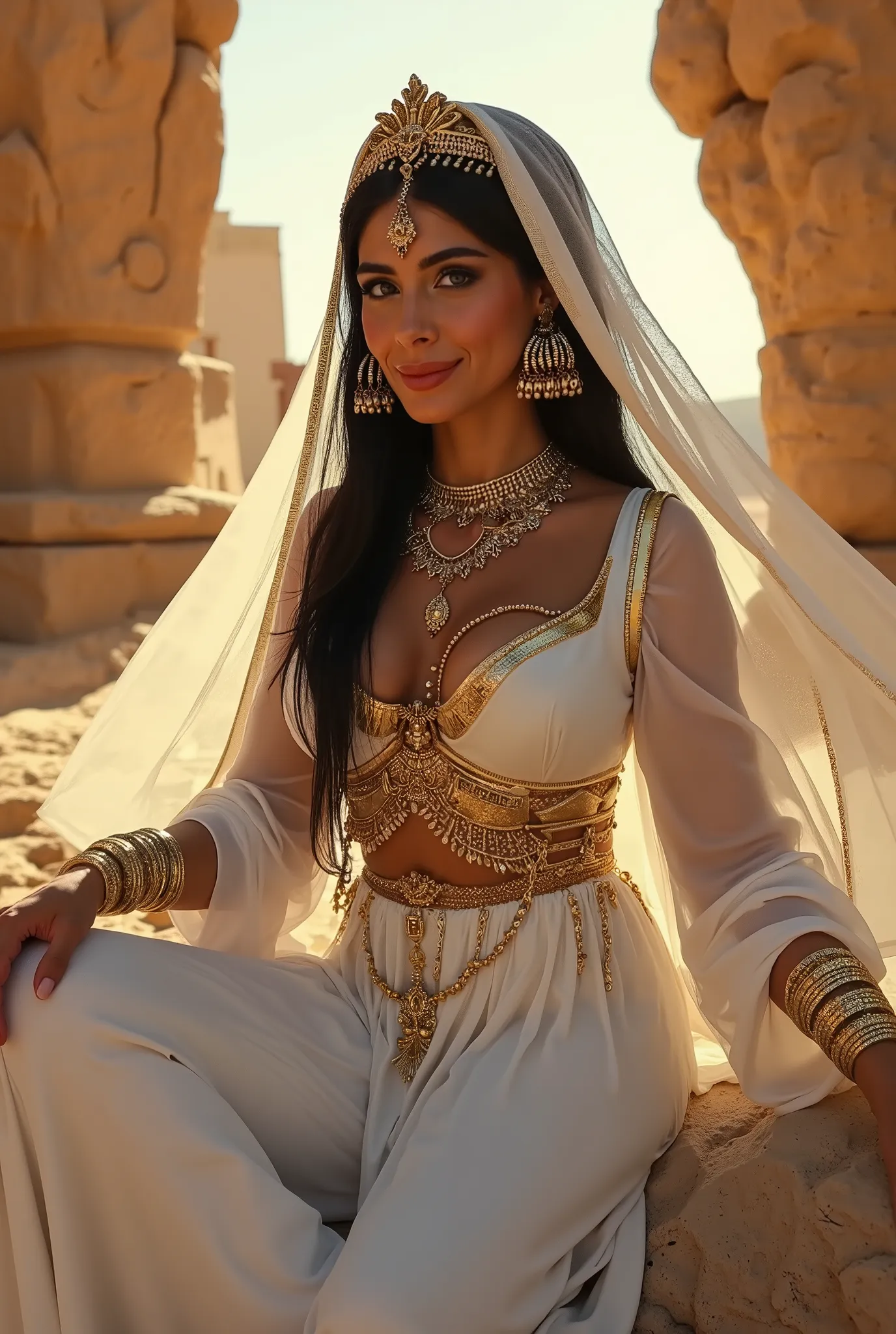  a woman in a white dress and gold jewelry sitting on a rock, arabian princess, egyptian princess, gorgeous woman, stunning african princess, beautiful goddess, ancient libu princess, ancient white dress, ((a beautiful fantasy empress)), white and gold pri...