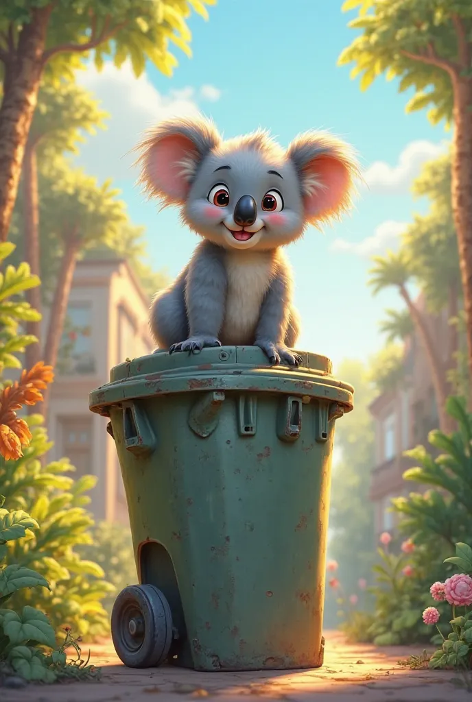 A Disney version koala that climbs on a garbage can 