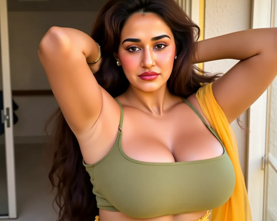 photo of Voluptuous Mature plus size Indian Bengali Aunty with dusky skin, wearing Transparent chiffon yellow saree and green strapless sleevless Blouse, showing her large U cut Cleavage, Red Sindoor on her forehead, Both hands streched up above head showi...