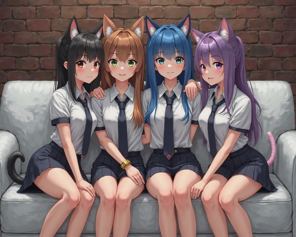   Viewer discretion advised,masterpiece, 4K, cute girl with big tits, (four Girls:1.5), (uniform:1.3), (four different types of women:1.5),(The four of them are sitting on a big white sofa, first one  has black hair and brown eyes. She is much smaller than...