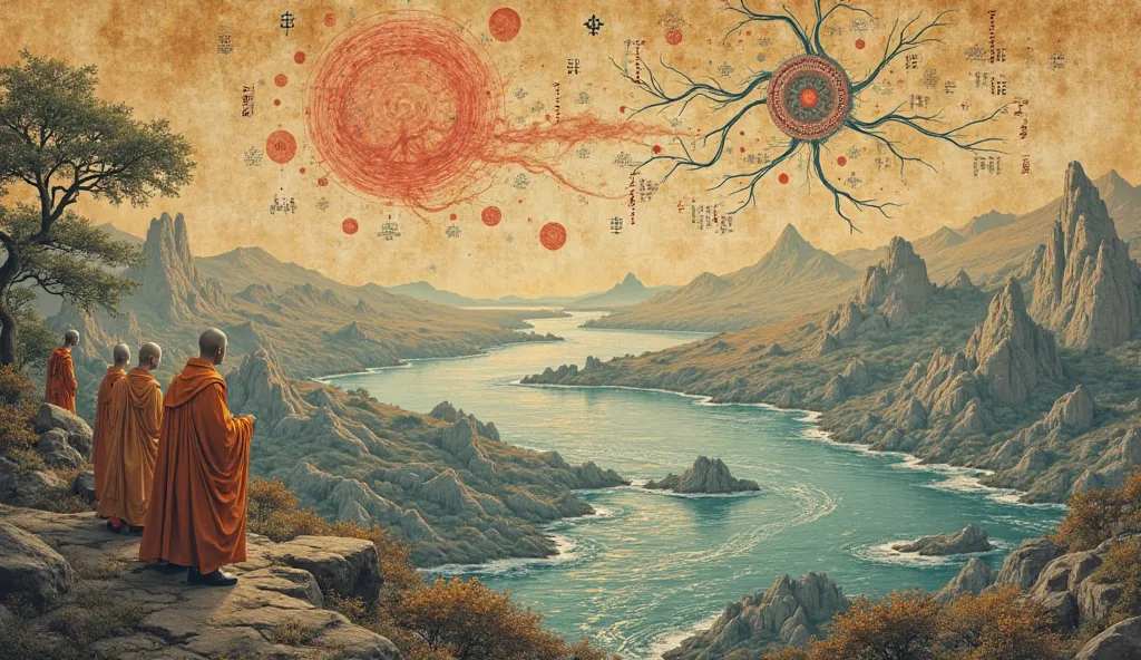 A vast, endless river flowing through a cosmic landscape, but instead of water, the river is made of thoughts, memories, and flickering neural connections. Along the riverbank, faceless monks observe the ever-changing stream, symbolizing impermanence. The ...