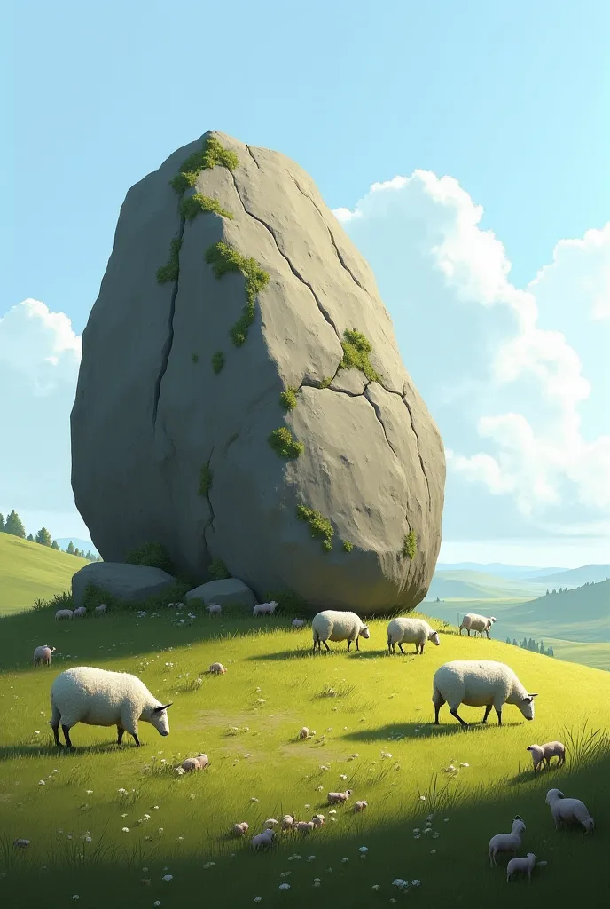 A round big rock in the middle of sheeps