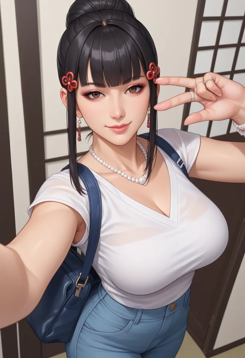 score_9, score_8_up, score_7_up,  source_anime,  BREAK solo, 1 girl,   TKNKZMI, black hair, blunt bangs, eye shadow, sidelocks, hair ornament, hair bun, , mature woman, wedding ring, in public setting, traditional Japan, From above selfie,  outfit,  pants,...