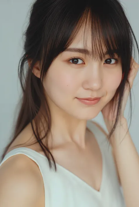 "breathtakingly beautiful woman with perfect porcelain-like skin, deeply mesmerizing eyes, and richly flowing hair. She has a perfectly symmetrical face, High cheekbones, And big lips. Her expression is graceful and mysterious, soft, has a bright smile. ...
