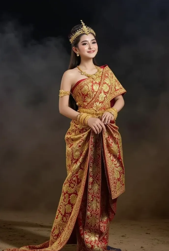 A Thai woman in full royal costume, with a slight mustache, wearing an elaborate Ayutthaya-era Thai royal costume with gold detailing, face smile, foot on ground, the background is appearing under a dark sky filled with smoke and dust.