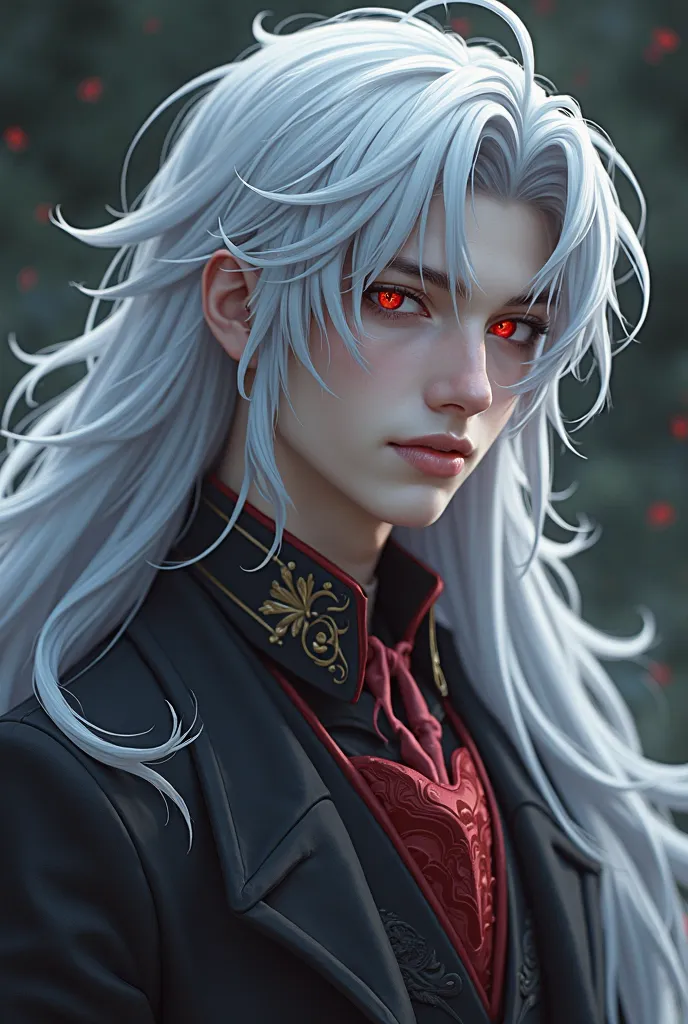 Real life realistic portrait of real human looking art style photography. Based on Sesshomaru from Inuyasha, create a vampire gentleman prince with long silver hair, crimson iris, and a beautiful face 