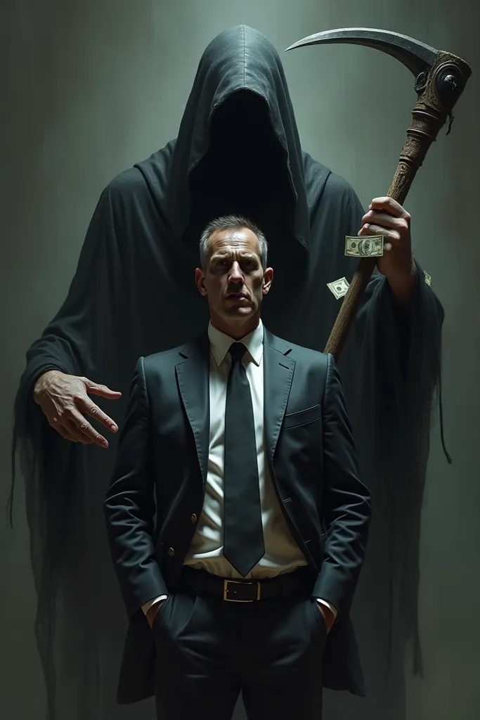 Death with its sickle behind a man in a suit with money in his hand and in his pockets