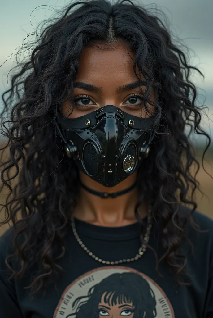 Black girl, beautiful and bare face, gorda, long curly hair, Cyberpunk mask and costume,  apocalypse,  heavy artillery , black eyes,  steamship ,  anime girl t-shirt, cute, portrait, 4k, woman, Photorealistic, hyperrealistic painting, studio lighting, shar...