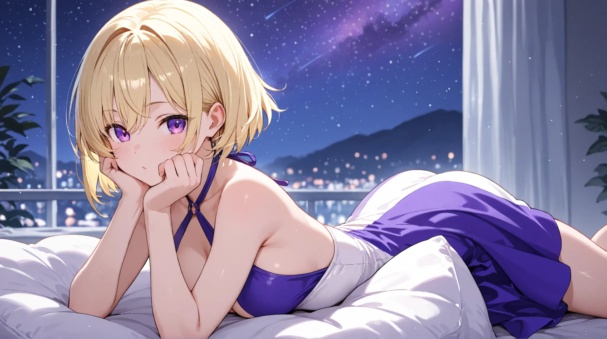 stella,purple eyes,blonde hair,short hair,two-tone dress,halterneck,,