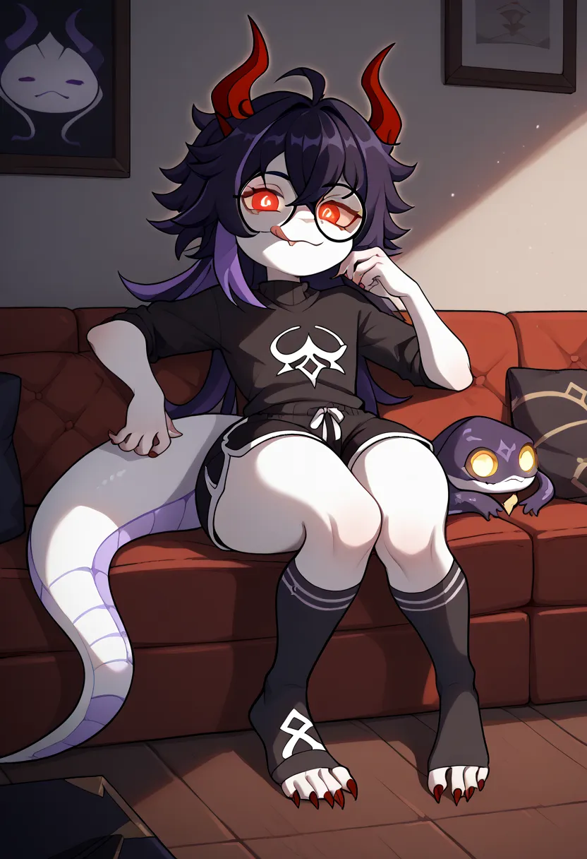 black hair, round black glasses, white skin, shortstack, black shirt, black sweater, long messy hair, neon scarlet eyes, black dolphin shorts, long black socks, long hair, deep purple hair ends, glowing eyes, dark place, in a room, living room, sitting on ...