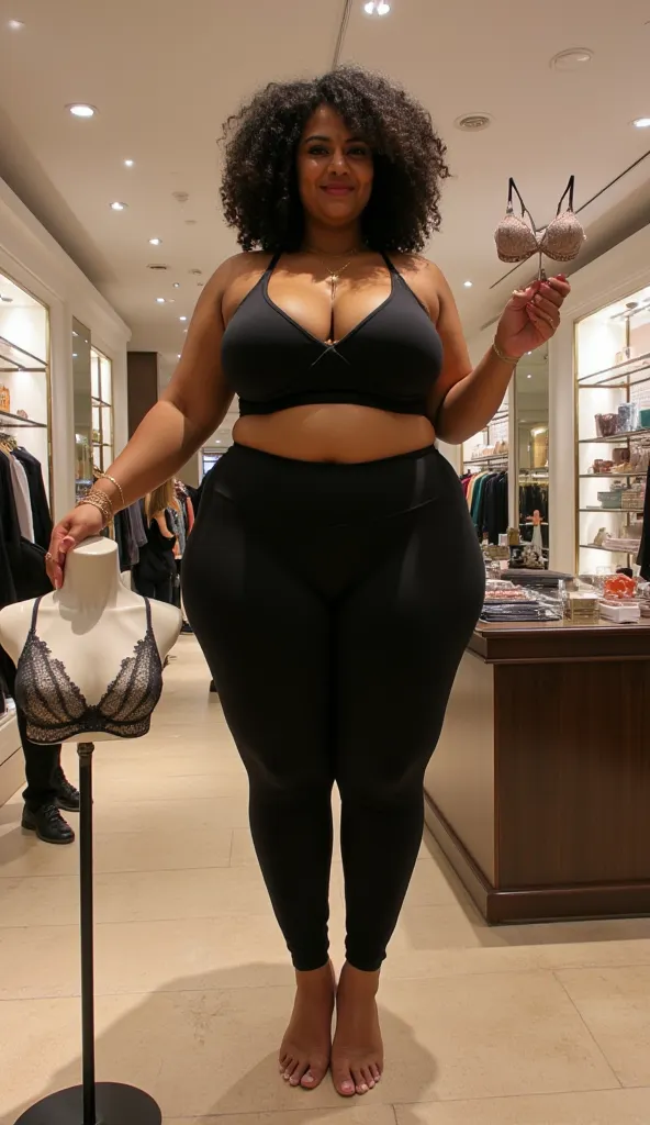 Grainy smartphone photo with mild sensor noise – A 17-foot-tall South Indian woman with warm amber skin (#D97E3A) stands inside a luxury boutique, her sheer mass making the upscale store feel like a dollhouse. The ceiling presses against her head, forcing ...