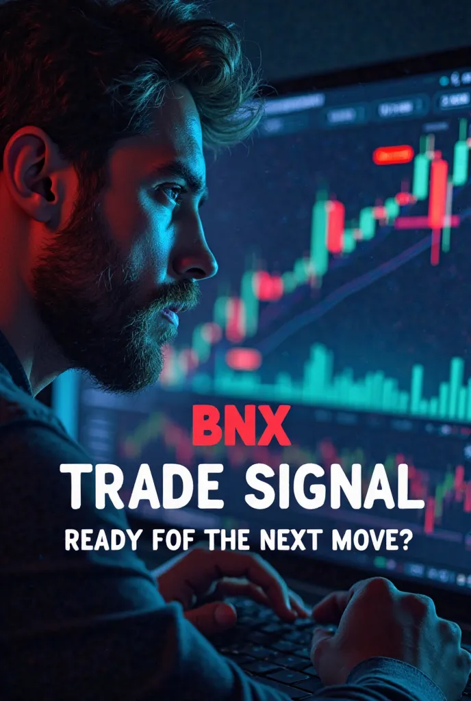 A highly engaged crypto trader analyzing a fresh BNX trade signal. The background displays a dynamic trading chart with key resistance and support levels highlighted in neon accents. The trader’s expression shows sharp focus and anticipation. Bold, eye-cat...