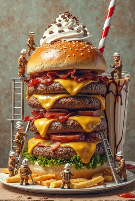 Create a hyper-realistic and fun illustration where small construction workers are assembling a gigantic gourmet hamburger as if it were a huge construction project. They wear brown jumpsuits, white long-sleeved shirts and white safety helmets, with belts ...