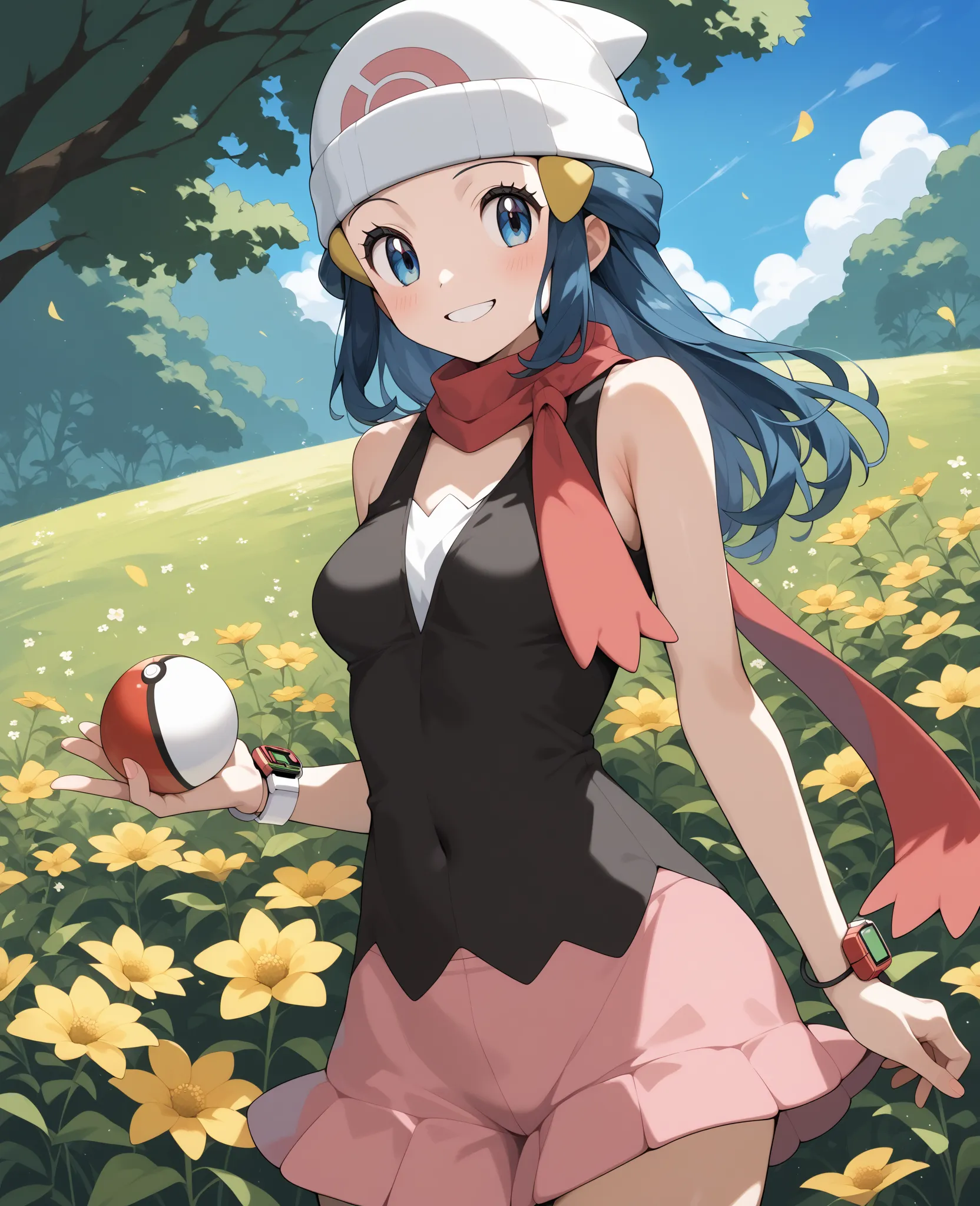 score_9, score_8_up, score_7_up, score_6_up, score_5_up, score_4_up, source_anime, aadawn, long hair, blue hair, beanie, white headwear, hair ornament, blue eyes, breasts, red scarf, sleeveless shirt, black shirt, wristwatch, bracelet, pink skirt, standing...