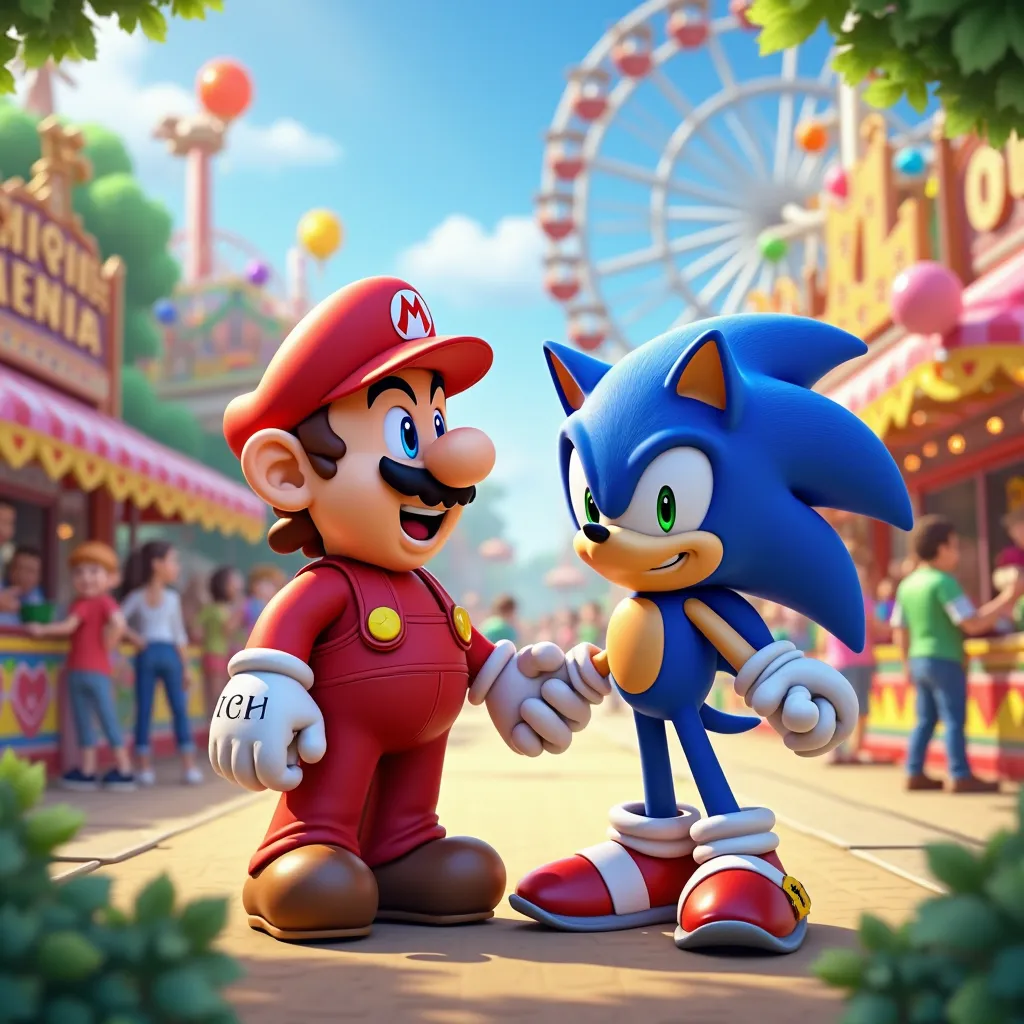 CREATE AN IMAGE OF THE CHARACTER MARIO AND THE CHARACTER SONIC, THEY ARE HAPPY NEXT TO EACH OTHER AND ARE AT AN AMUSEMENT PARK DURING THE DAY